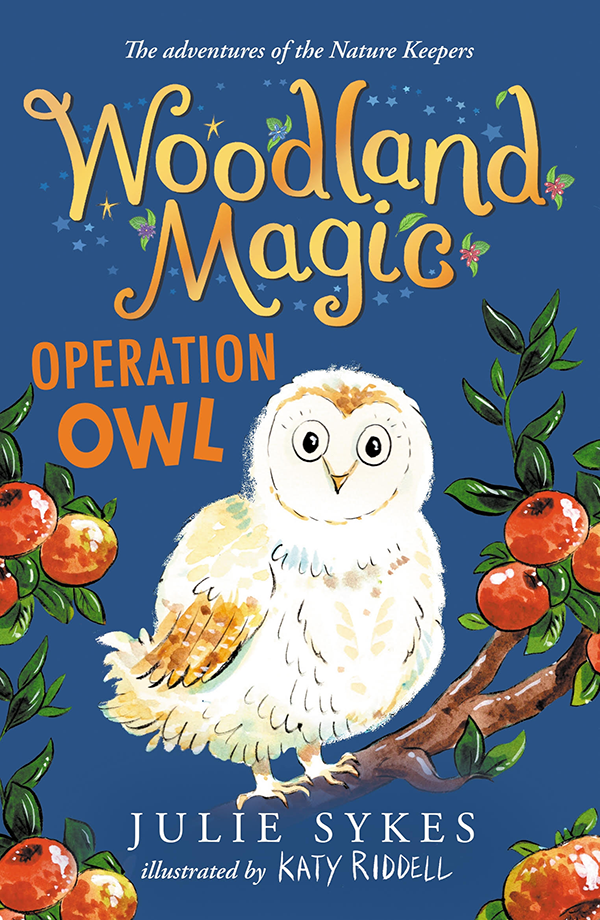 Woodland Magic Operation Owl book jacket with a white Owl perched on tree branch. The background is midnight blue.